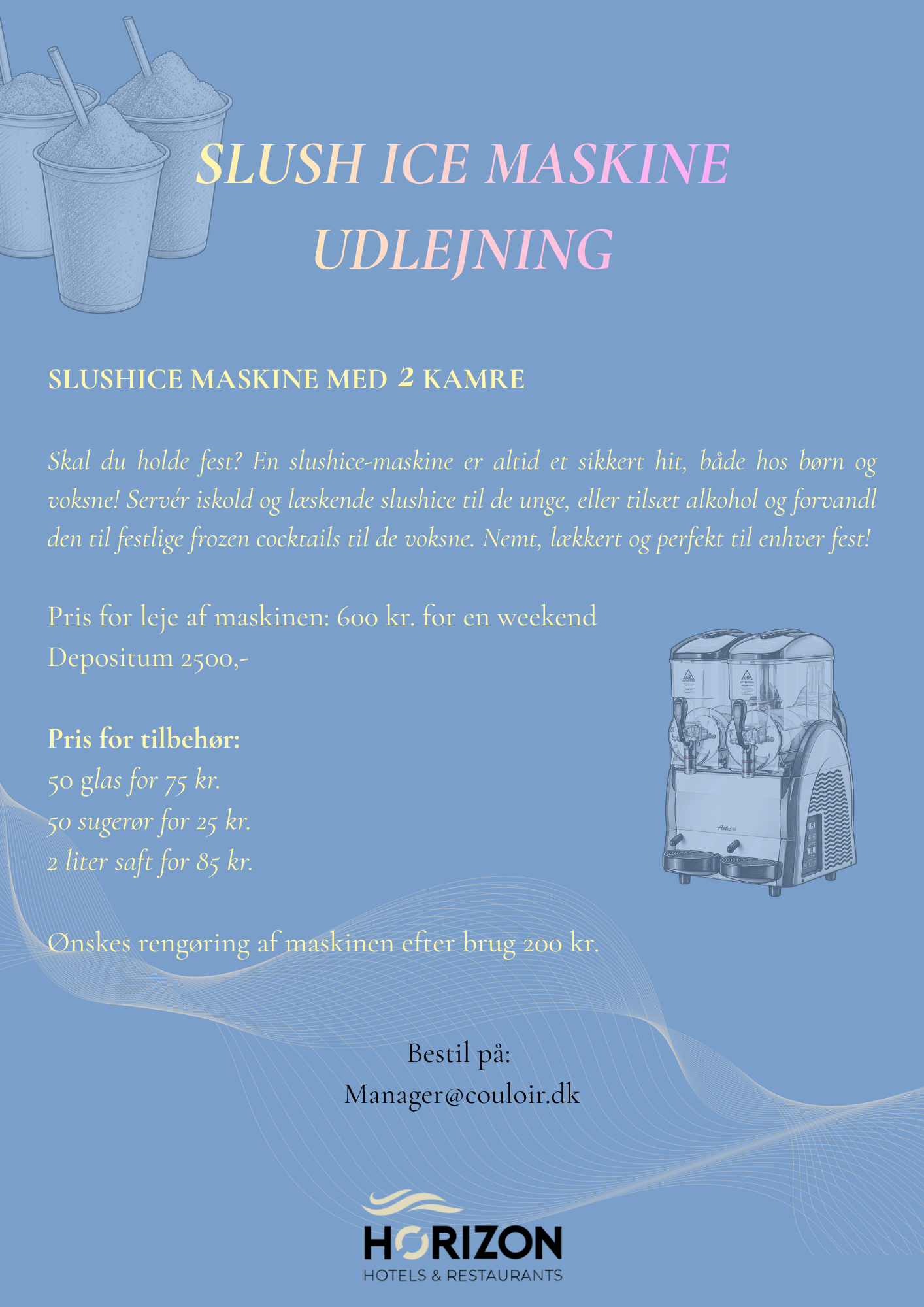 Flyer med priser for udlejning af slush ice maskine