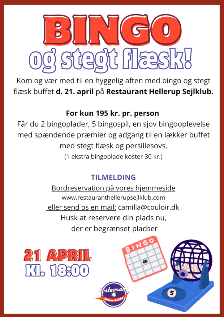 Flyer til et bingo- og buffetarrangement på Restaurant Hellerup Sejlklub den 21. april kl 18:00. Indeholder detaljer om buffeten, priser og kontaktoplysninger for reservationer. Indeholder bingoillustrationer og farverig tekst. Restaurant Hellerup Sejlklub