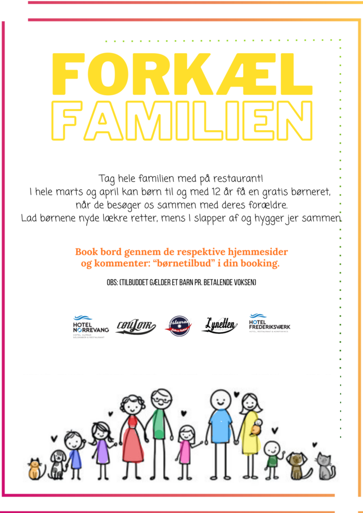 Farverig dansk restaurantpromoveringsfolder med titlen "Forkæl Familien" viser tegneseriefamilier, der nyder måltider, restaurantlogoer og tekst, der beskriver et tilbud om børnemad i marts og april. Restaurant Hellerup Sejlklub