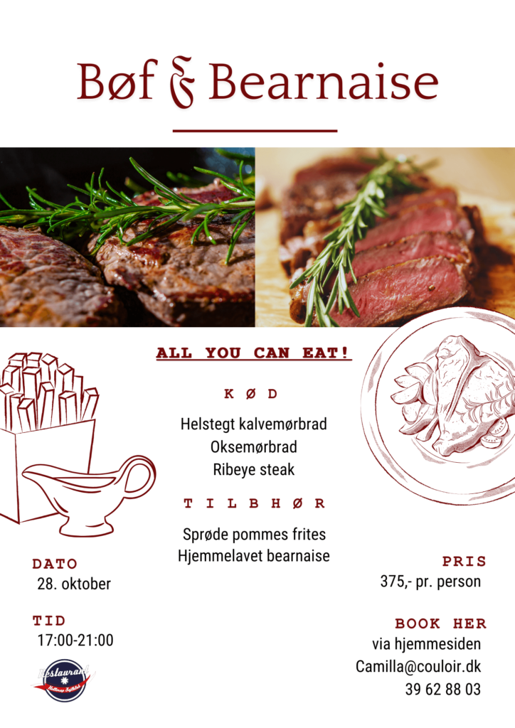 En reklamefolder for "Bøf & Bearnaise"-begivenheden med billeder af skåret bøf med rosmarin, begivenhedsdetaljer, menupunkter og kontaktoplysninger. Pris er 375 kr. pr. person, arrangement den 28. oktober fra kl. 17.00 til 21.00. Restaurant Hellerup Sejlklub