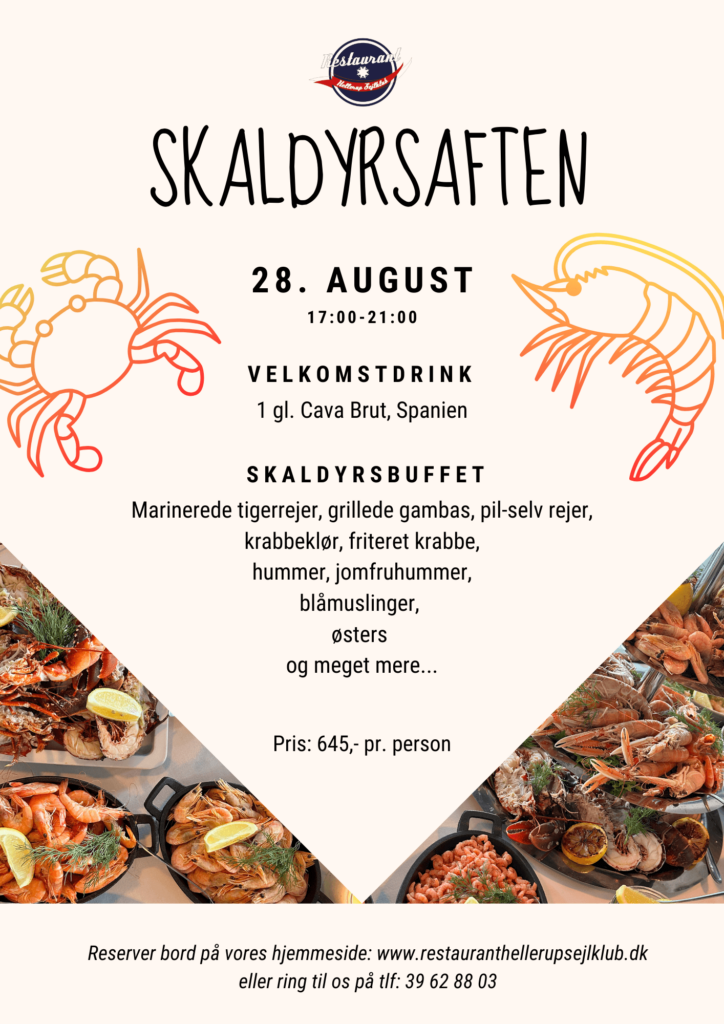 En dansk eventplakat til Skaldyrsaften den 28. august med buffet, fisk og skaldyrsbilleder og illustrerede krabber og rejer. Detaljer inkluderer drikkevarer, retter, pris (645 DKK) og restaurantkontaktinfo. Restaurant Hellerup Sejlklub