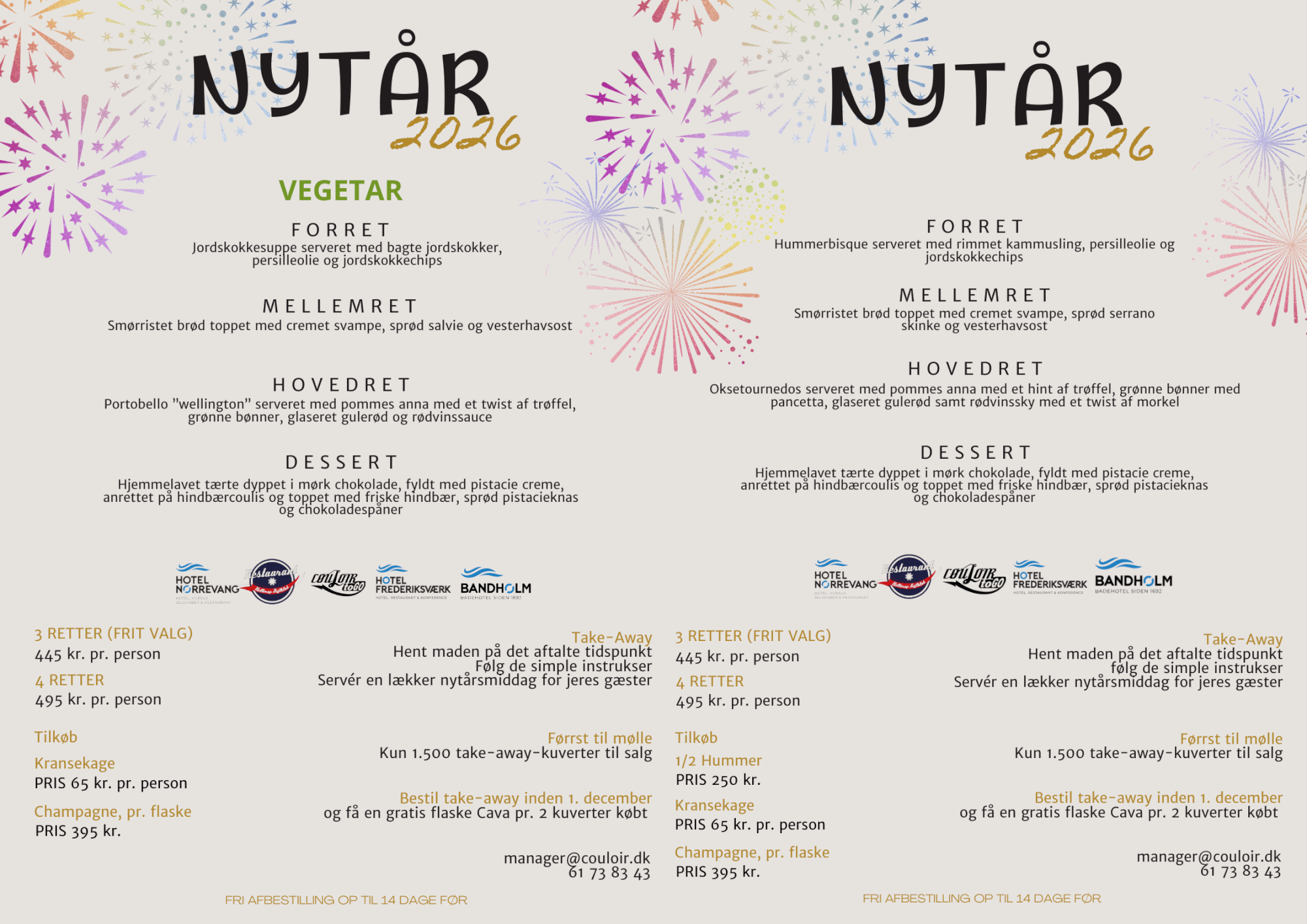 To farverige danske nytårsmenuer for 2026, en vegetarisk og en almindelig, begge med fire festlige retter, sat på en hvid baggrund med fyrværkerigrafik i lilla, orange og pink. Restaurant Hellerup Sejlklub