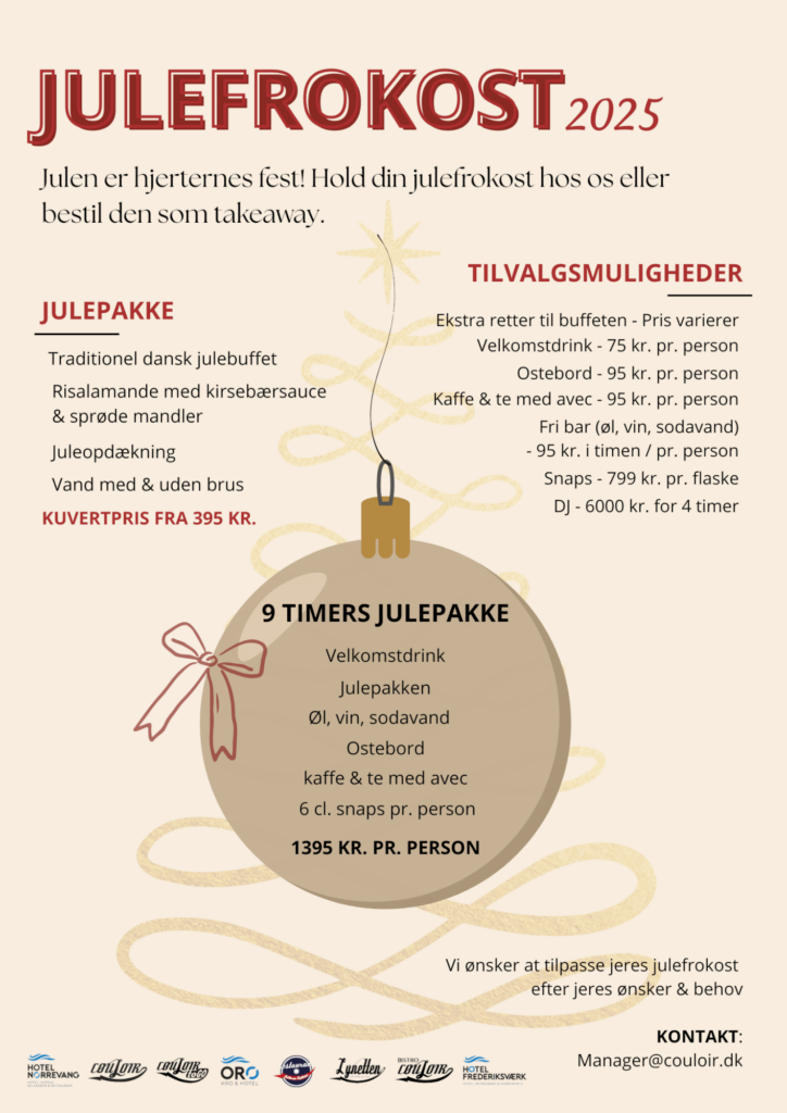 Dansk eventplakat for "Julefrokost 2025" med en gylden julekugle og tekst, der beskriver menupakker, priser og kontaktoplysninger for booking af en julefrokost. Restaurant Hellerup Sejlklub
