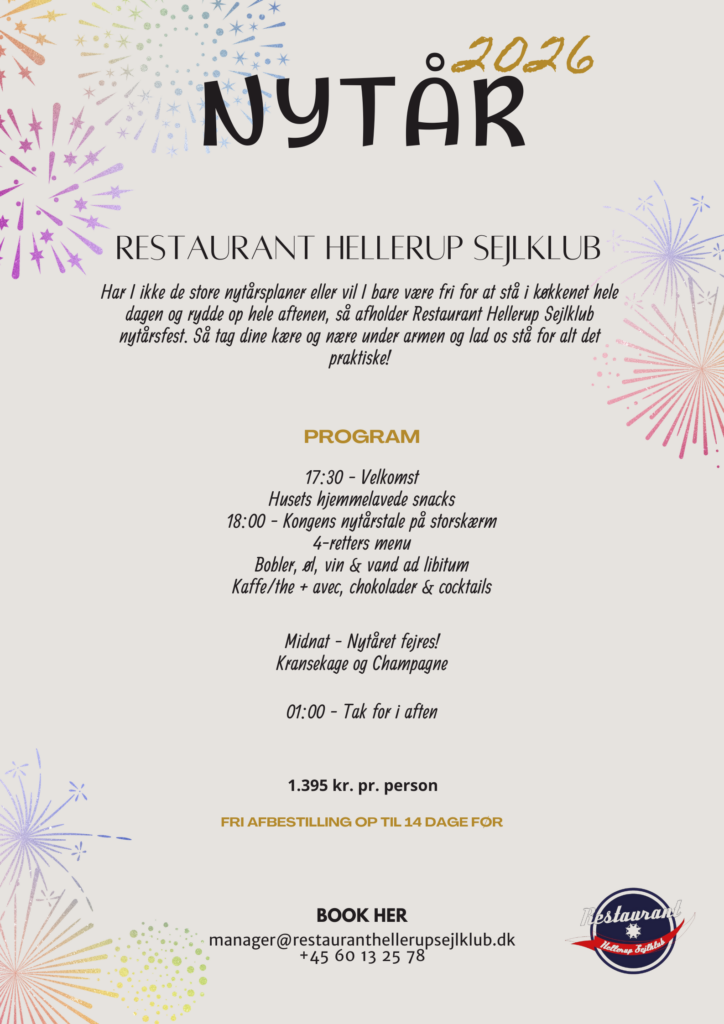 Festlig eventflyer for Restaurant Hellerup Sejlklub nytårsaften 2026 med farverigt fyrværkeri, eventdetaljer, menu og kontaktinfo på en cremefarvet baggrund. Teksten er på dansk med guld, blå og sorte accenter. Restaurant Hellerup Sejlklub
